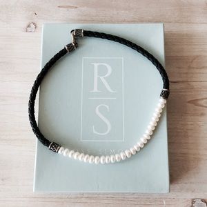 Braided Black Leather & White Pearl Necklace