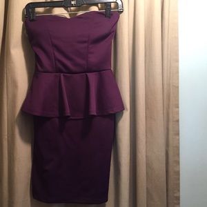 Purple strapless peplum bodycon dress
