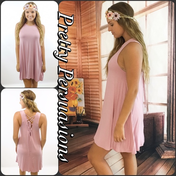 CLEARANCE‼️Pink Lace Up Back Sleeveless Tank Dress - Picture 2 of 4