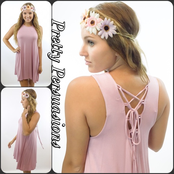 CLEARANCE‼️Pink Lace Up Back Sleeveless Tank Dress - Picture 3 of 4