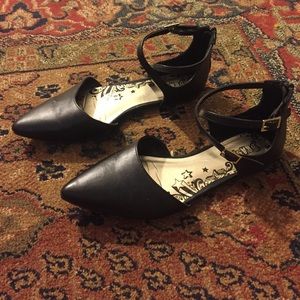 Black ankle strap pointed ballet flats