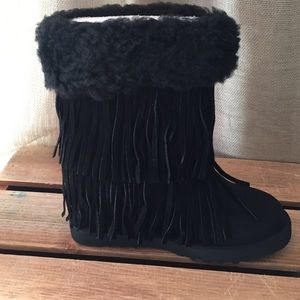 Never worn, black fringe boots