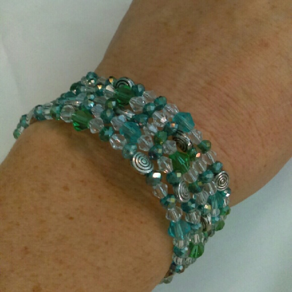 Handmade Memory Wire Bracelets Greens/Blues - Picture 2 of 4