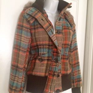 Jack BB Dakota Plaid Jacket Fur Hood Fitted cute!!