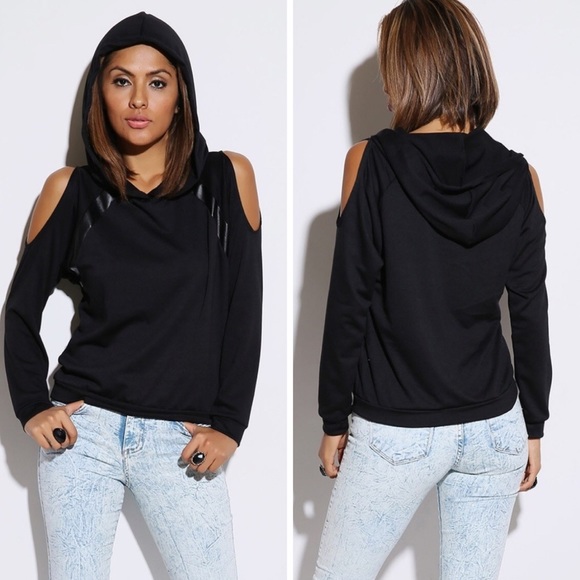 Tops - Black faux leather pullover hoodie (last one)