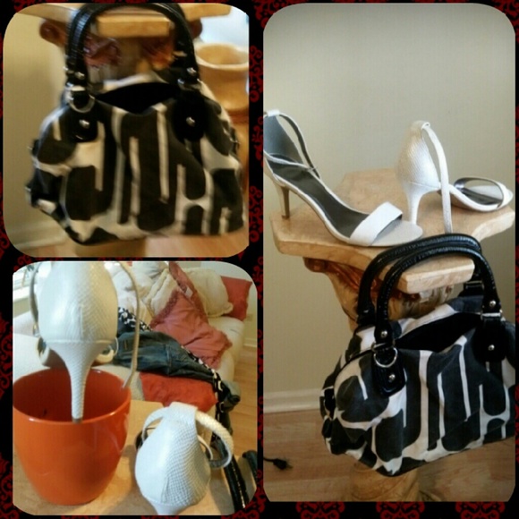 Black and white purse with white sandals heels