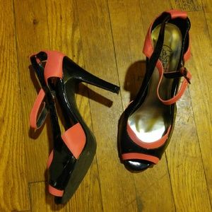 Peep toe, ankle buckle pink & black sexy heels