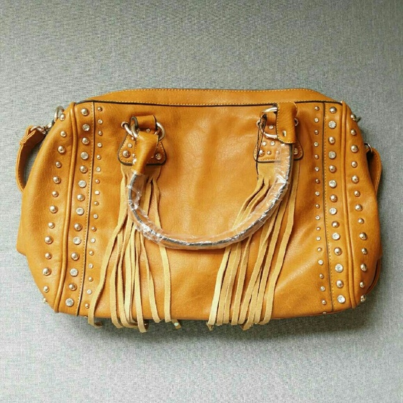 Studded suede satchel with fringe