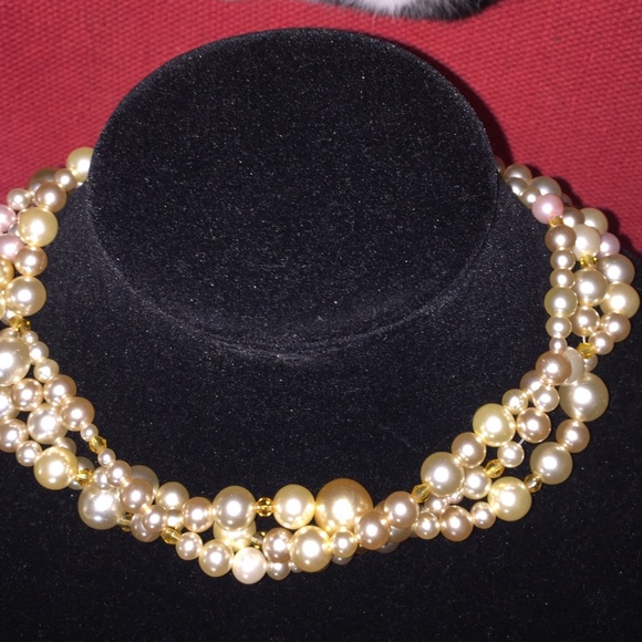 (V1) Vintage 3 Strand Faux Pearl & Crystal Choker