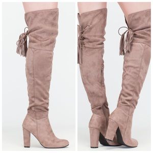 Light Taupe OTK Suede Tassel Lace Up Heel Boots