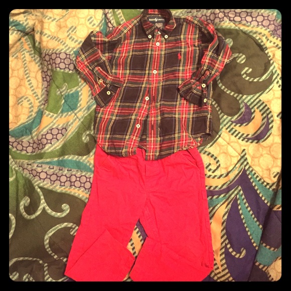 Red H&M pants. & Plaid Ralph Lauren shirt