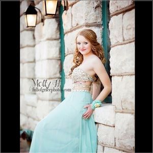 Teal and gold prom dress!