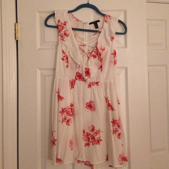 Red and white floral lace up front dress