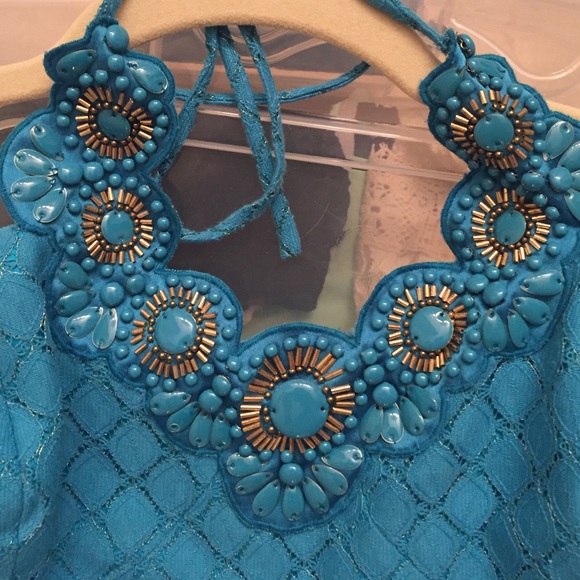 Stunning Trina Turk teal dress Beautiful beading - Picture 2 of 4