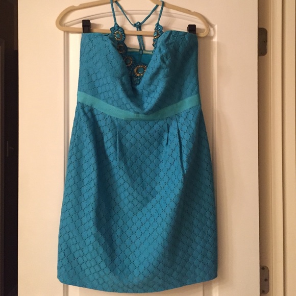 Stunning Trina Turk teal dress Beautiful beading - Picture 3 of 4