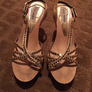 Bronze, gold strap heels