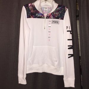 White Half Zip with colorful pattern and PINK logo