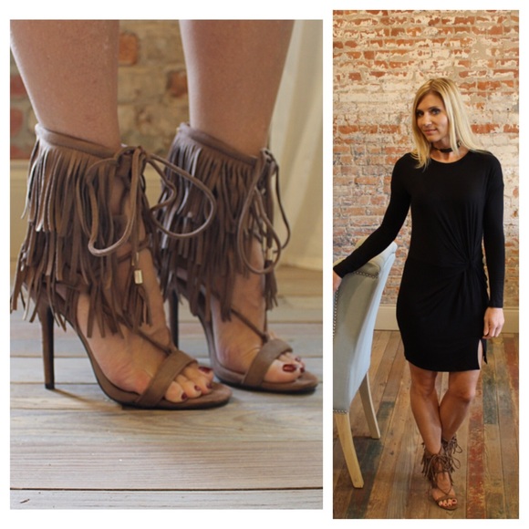 Shoes - Taupe triple layer fringe tassel lace up heel