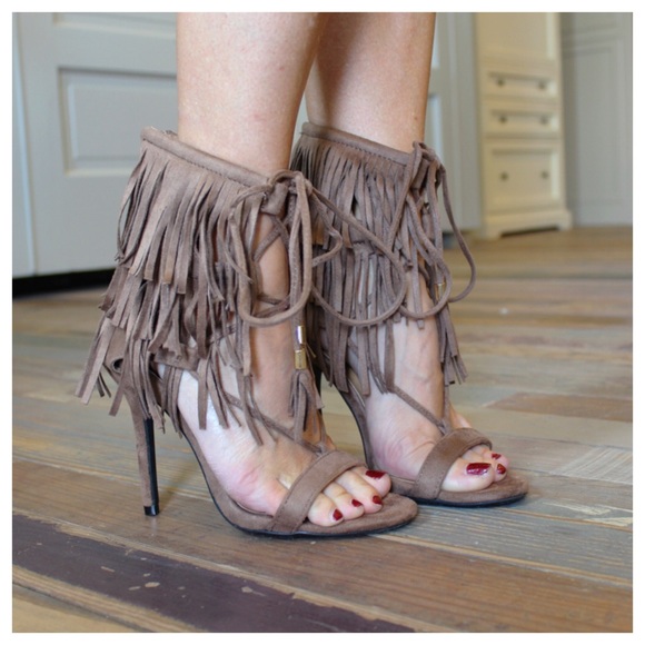 Taupe triple layer fringe tassel lace up heel - Picture 3 of 4