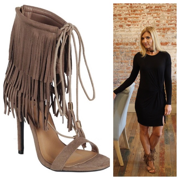 Taupe triple layer fringe tassel lace up heel - Picture 4 of 4