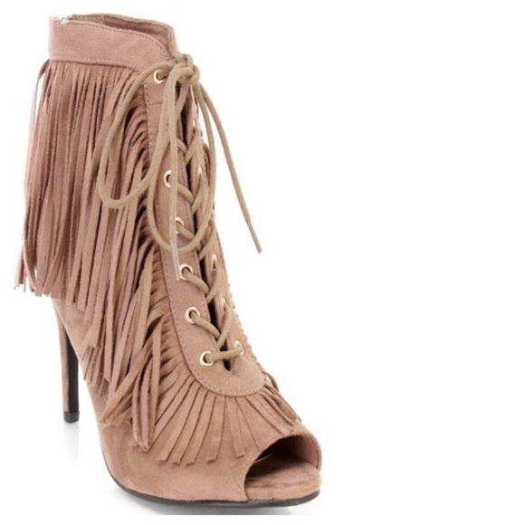 Taupe peep toe lace up fringe bootie - Picture 3 of 3