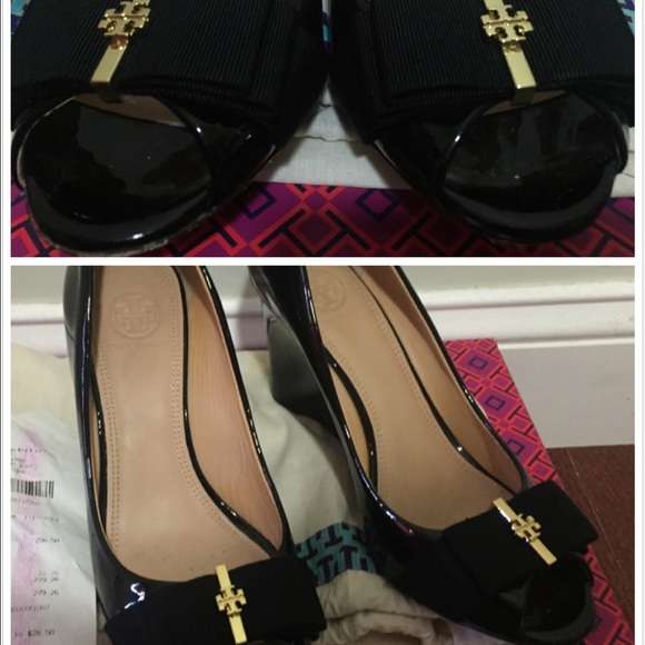 Tory burch trudy open toe wedge, black 7M - Picture 2 of 4