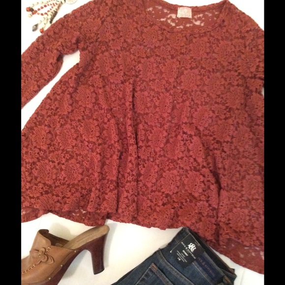Audrey 3+1 Tops - Rust Floral Sheer Lace Long Sleeve Top