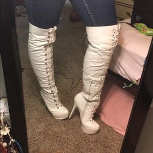 White thigh high boots