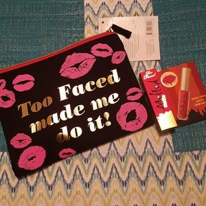Too Faced cosmetic bag and liquid lipstick