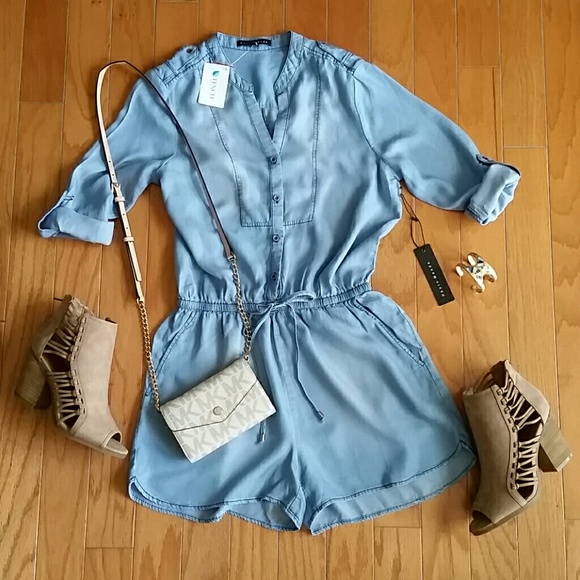 Haute Monde Pants - CHAMBRAY DENIM ROMPER BUTTON FRONT