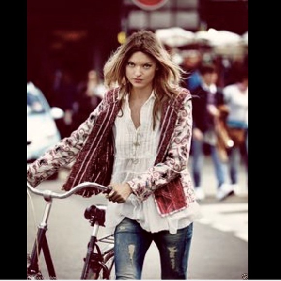 Free People tan blue red Paisley  Suede Jacket XS - Picture 3 of 4