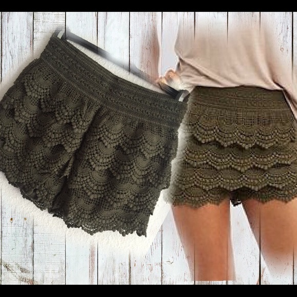 Army green tiered crochet shorts