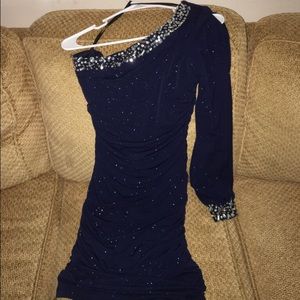 Dark blue sparkly one shoulder homecoming dress