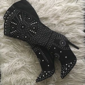 Black suede studded knee high heel boots 💕