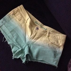 Yellow and green denim short shorts