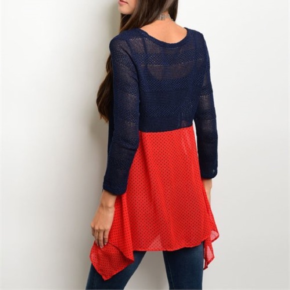 Last 1❗Navy Red Knit Chiffon Polka Dot Top - Picture 2 of 3