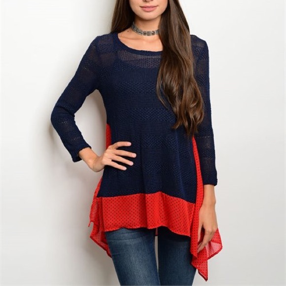 Last 1❗Navy Red Knit Chiffon Polka Dot Top - Picture 3 of 3