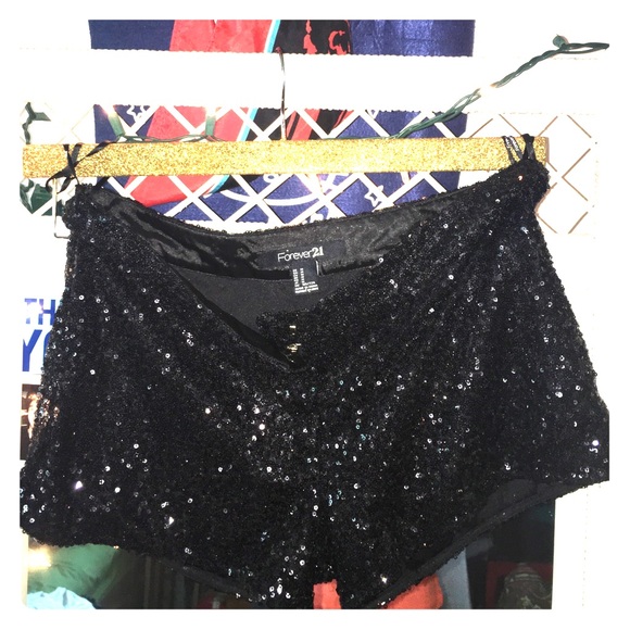 Black, sequined shorts.