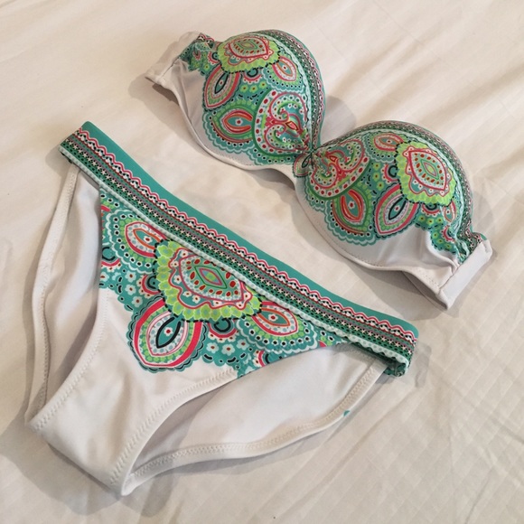 Brand new, multi colored white strapless bikini