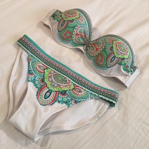 Brand new, multi colored white strapless bikini