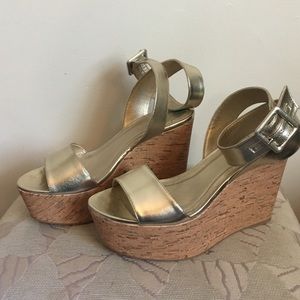 BCBG Gold Wedge Sandals, 8