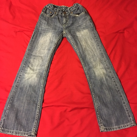 Flypaper, distressed denim jeans, dark blue color