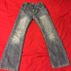 Flypaper, distressed denim jeans, dark blue color