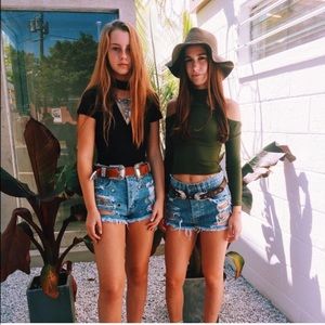 LF green cold shoulder choker knit top