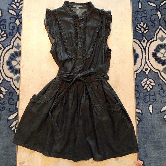 Ruffled button-down black denim dress w/ pockets