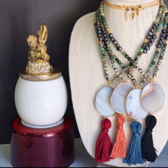 Long Agate and Black Tassel Necklace NWOT