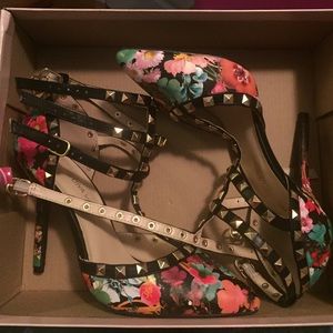 floral, three strap heels