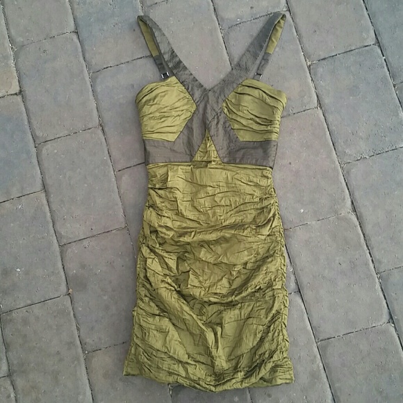 BCBGMaxAzria olive & grey scrunched mini dress