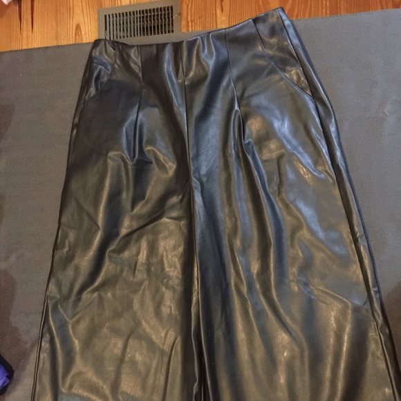 Black faux leather wide leg culletts