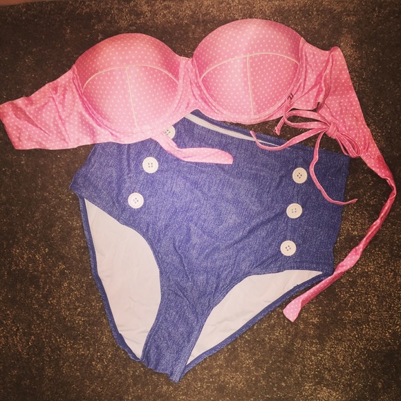Vintage style high waist swim suit - pink & blue